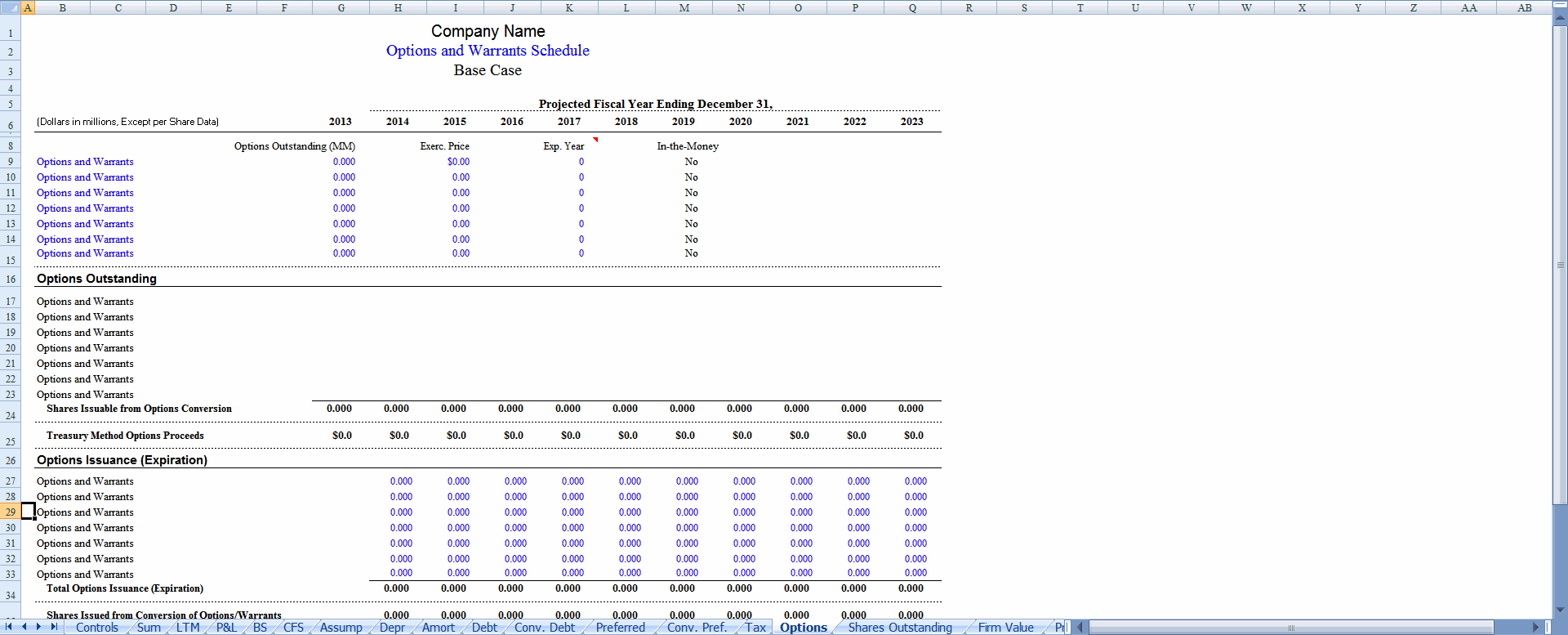 Options sheet preview